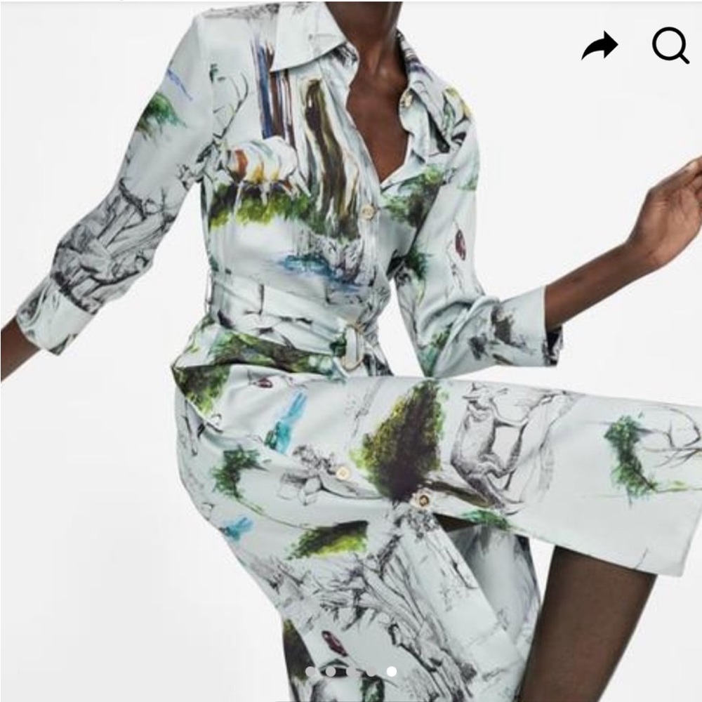 Zara Vintage Woodland Creature Satin Shirt Dress - Picture 3 of 11